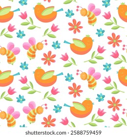 Spring Birds Vector Seamless Pattern with Cute Birds, Bees and Colorful Flowers on White Background in Cartoon Style. Design for Kids Wallpaper and Textile Designs