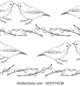Spring birds and willow branches sketched seamless pattern in vector EPS8