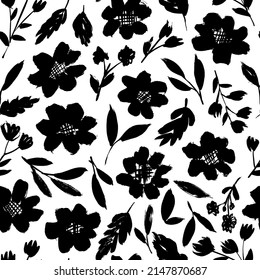 Spring black brush flowers seamless pattern. Floral silhouettes with small leaves. Grunge dry brushstroke drawing. Chamomile, daisy, sunflowers blooming. Hand drawn vector print, fabric design. 