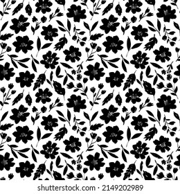 Spring black brush flowers seamless pattern. Floral silhouettes with small leaves. Grunge dry brushstroke drawing. Chamomile, daisy, sunflowers blooming. Hand drawn vector print, fabric design. 
