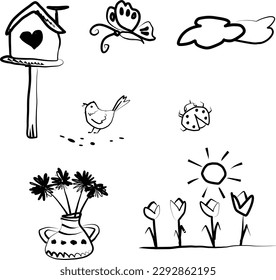 Spring  black doodles set, bird, bee, flowers, clouds, sun, garden, pot,. Vectors isolated on white background