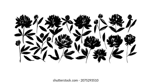 Spring black flowers hand drawn vector set. Stencil botanical silhouettes. Brush painted peonies and anemones. Hand drawn paint flowers on stems with leaves and buds. Grunge style black blossom.
