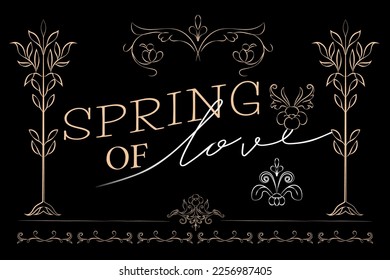 Spring Black hand logotype, badge typography icon. Black, gold and white luxury art background with vintage flowers. Ink botanical design for interior design, decor, packaging, invitations, print. 