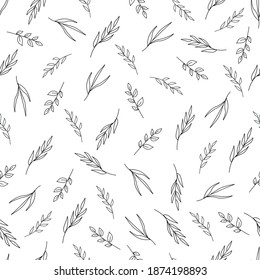 Elementos botánicos, hojas y ramas dibujados a mano de la línea negra de primavera.Patrón sin fisuras de elementos dibujados a mano.Perfecto para el embalaje de papel, la reserva de recortes, papel pintado, diseño minimalista. Estilo provenzal