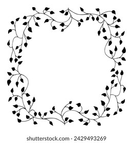 Spring black pattern on white background, frame of floral tree branches, leaves, plants. Elegant, aesthetic, stylish monochrome Decoration. Hand drawing doodles of botanical elements.