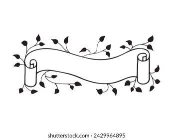 Spring black ribbon banner with curled scrolls on white background, frame of floral tree branches, leaves, plants. Elegant, aesthetic, stylish monochrome Hand drawing doodles of botanical elements.