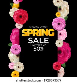 Spring Black Sale Background Poster Natural Flowers Template. Vector Illustration EPS10