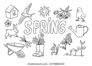 Spring black and white coloring page with flowers, a rabbit, birds, a wheelbarrow, boots, a watering can, and the contour line word Spring. Vector doodle composition isolated on white background