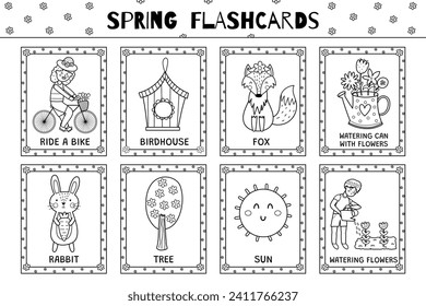 Frühlingskollektion mit schwarz-weißen Taschenkarten für Kinder. Flash-Karten mit süßen Zeichen zum Färben in Umrissen. Lernen, Aktivitäten für Kinder zu lesen. Vektorgrafik