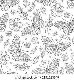 Spring Black and White Hand-drawn Seamless Pattern of Outline Butterflies, Flowers, Leaves, Twigs. Doodle Art. Contour bw Natural Continuous Motif  for Page of Coloring Book.