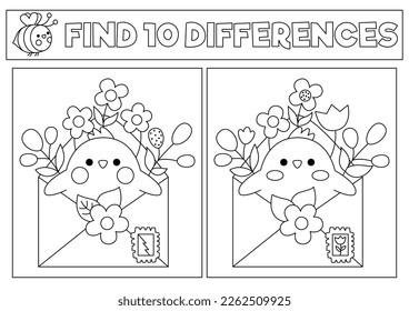 Spring black and white kawaii find differences game. Coloring page with cute chick in envelope with flowers. Garden puzzle for kids with funny character. Printable what is different worksheet
