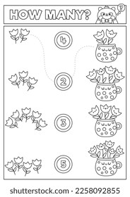 Spring black and white matching game with cute kawaii tulips in cup. Garden math activity for kids. Educational printable Easter counting worksheet or coloring page with cartoon flowers in pot
