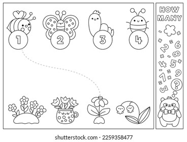 Juego primavera en blanco y negro con flores e insectos kawaii lindos. Actividad de matemáticas de jardín elemental para niños de preescolar. Hoja de cálculo de recuento de Pascua Educativa imprimible o página de color
