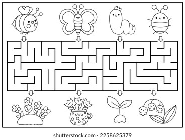 Spring black and white maze for kids. Garden geometrical preschool printable activity with kawaii insects, flowers. Easter holiday labyrinth game or coloring page with cute bumblebee
