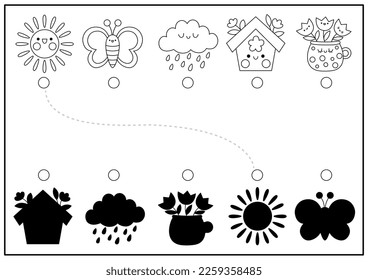 Spring black and white shadow matching activity with cute kawaii holiday symbols. Easter shape recognition puzzle. Find correct silhouette printable worksheet. Garden coloring page
