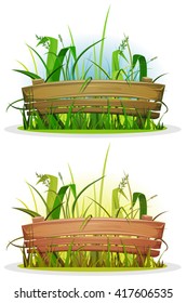 Spring Blades Of Grass With Wood Fence/
Illustration of a cartoon spring rural small wood fence inside grass lawn, with blue and green sky background