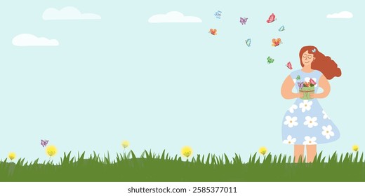 Spring Bliss - Woman with Butterflies. Spring background with green grass and a girl releasing butterflies into the air.	