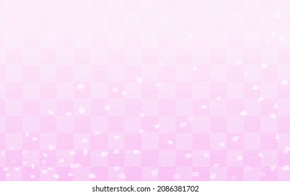 Spring blizzard of cherry blossoms, pink Japanese patterned checkered background (Washi-style gradation)