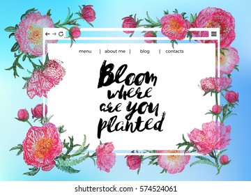 Spring blog or web site composition design: Beautiful flowers and Bloom where are you planted quote. Vector flower patch embroidery in watercolor style. Vintage floral card on sky blue background.