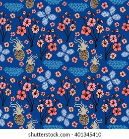 Spring bloom. Sakura in Japanese garden. Seamless floral pattern with hand drawn fantasy flowers. Oriental textile collection. Pink, blue, green on dark blue.