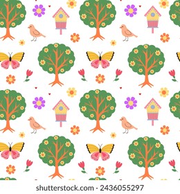 Spring bloom seamless pattern. Blossom time. Blooming tree, butterfly, birds, birdhouses, flowers. Hand drawn. Background, wrapping paper, digital paper.