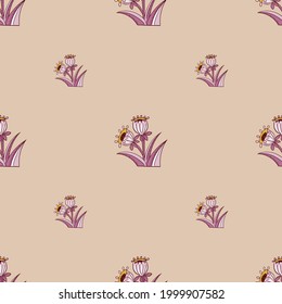 Spring bloom style seamless pattern with minimalistic bell flowers print. Pink pastel colored artwork. Graphic design for wrapping paper and fabric textures. Vector Illustration.