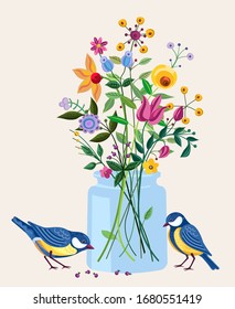 Spring blooming arrangement with fancy flowers and two blue tits. Vintage floral bouquet at yellow jar. Cute birds tasting seeds. Vector illustration.