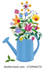 Spring blooming arrangement with fancy flowers. Vintage floral bouquet at blue watering can. Vector illustration.