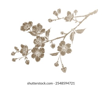 Ramal florescendo primavera. Silhueta desenhada à mão de ramo de cereja com flores em estilo de linha. Ilustração isolada de botânica vetorial