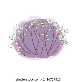 Spring blooming bush with new light green leaves and white flowers