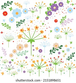 Spring blooming floral vector illustration. Hand drawn doodle pastel flowers. Colourful background for banner and card invitation. Fairy flowers.