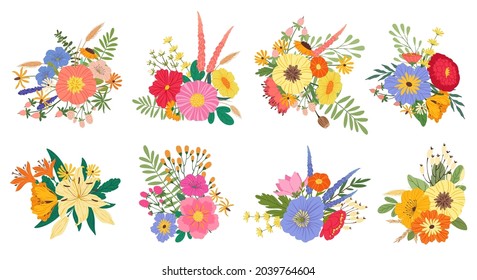 Spring blooming flower bouquets, floral wedding bouquet. Flowering lilies, peonies and wildflowers, blossom flowers arrangement vector set. Gift or present for birthday or anniversary holiday