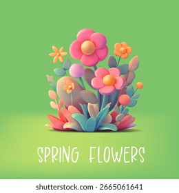 Flores florecientes de primavera, 3D. Anuncio verde. Margaritas, hojas, hierba. Hermosa composición de flores. Primavera. Celebración, belleza, saludo. Ilustración vectorial.