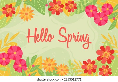 Spring blooming flowers and leaves border. Colorful botanical frame, best for greeting card, wedding or birthday invitation