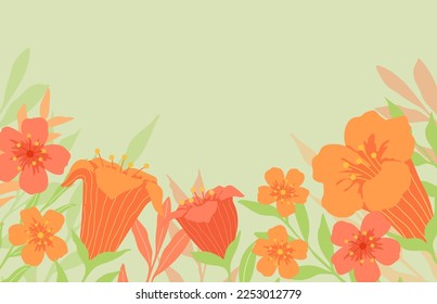 Spring blooming flowers and leaves border. Colorful botanical frame, best for greeting card, wedding or birthday invitation