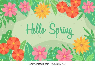 Spring blooming flowers and leaves border. Colorful botanical frame, best for greeting card, wedding or birthday invitation