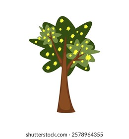 Spring blooming green tree. Yellow flowers and green leaves. Springtime. Vector illustration