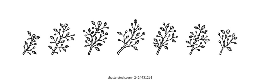 Spring blooming outline branch set. Black and white hand drawn flowering plant minimalist icons. Minimal modern design element for greeting cards, wedding invitations, beauty and spa salon logo