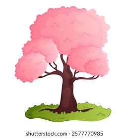 Spring blooming pink tree. Sakura cherry blossoms in full bloom. Hanami celebration element isolated on white.