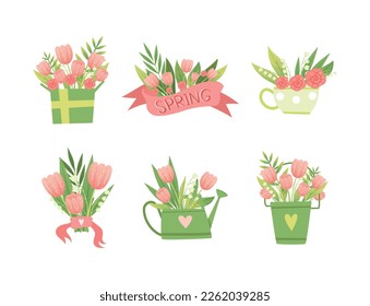 Spring Blooming Pink Tulip and Lily of the Valley Flower Bouquet Vector Set