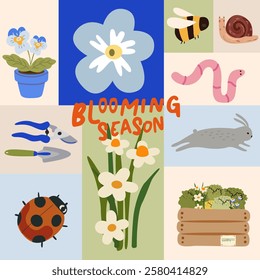 Spring blooming season banner. Hello Spring greeting card. Collection of floral, botanical, animals, insects elements. Spring cartoon icon set. Blooming flowers, seedlings, seeds