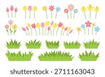 Spring blooming separate flowers and green grass set front view. Tulip daffodil daisy chamomile, buds with stems, flat minimal cartoon colorful illustration. Soft palette, decorative plant mix