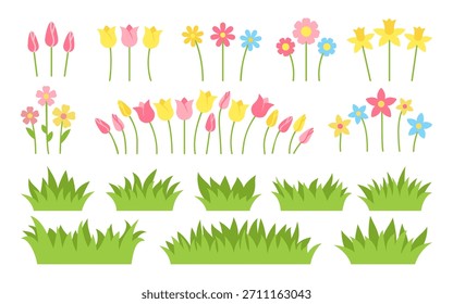 Flores separadas en flor de primavera y hierba verde vista frontal. Manzanilla de margarita de narciso de tulipán, brotes con subgrupos, ilustración colorida de dibujos animados minimalistas planos. Paleta suave, mezcla decorativa de la planta