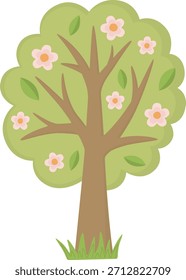 Árbol floreciente de primavera con flores y hojas verdes. Ilustración con elemento de jardín estacional aislado en blanco