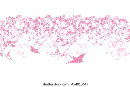 spring blooming tree horizontally seamless border - pink sakura flowers and swallow birds vector design