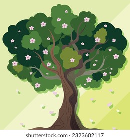 Frühlingsblütenbaum mit rosafarbenen Blumen und fallende Blütenblätter auf hellgrünem abstraktem Hintergrund. Pfirsichblüte, Apfelblüte, Kirschblüte. Flache Vektorgrafik