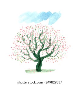 Spring blooming tree. Watercolor background. Vector illustration.