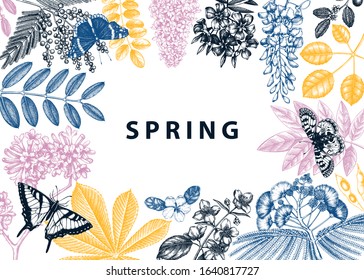 Spring blooming trees frame design. Hand drawn plant in flowers background. Vector flower, leaf, branch, tree sketches template. Spring wedding invitation or greeting card in engraved style.