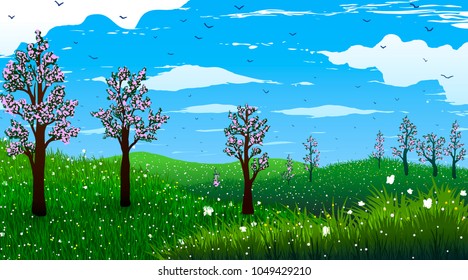 Spring. Blooming trees on hills with flowers and butterflies. Birds flying in the clouds.