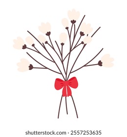 Spring blooming twigs bouquet tied red ribbon bow Floral composition. Minimalistic design element